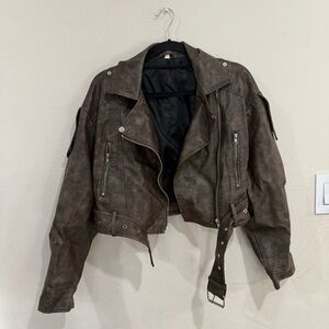 cropped brown leather jacket